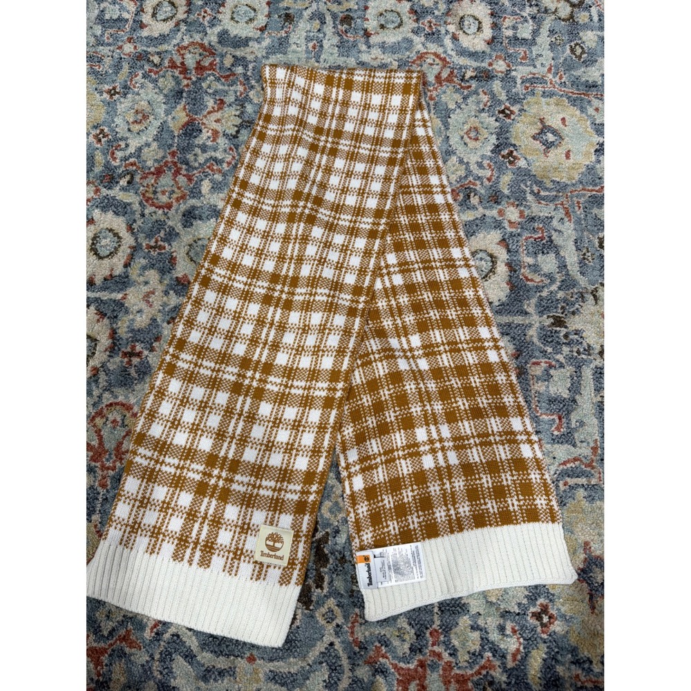 Timberland Scarf Men OS Wheat Brown Plaid Knit Logo Gorpcore EUC